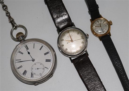 Silver pocket watch & chain & 2 wristwatches